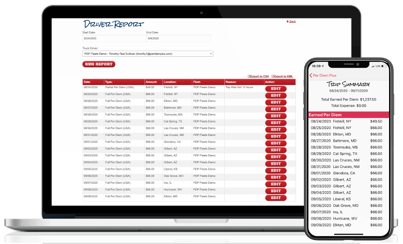 Driver per diem report and trip summary