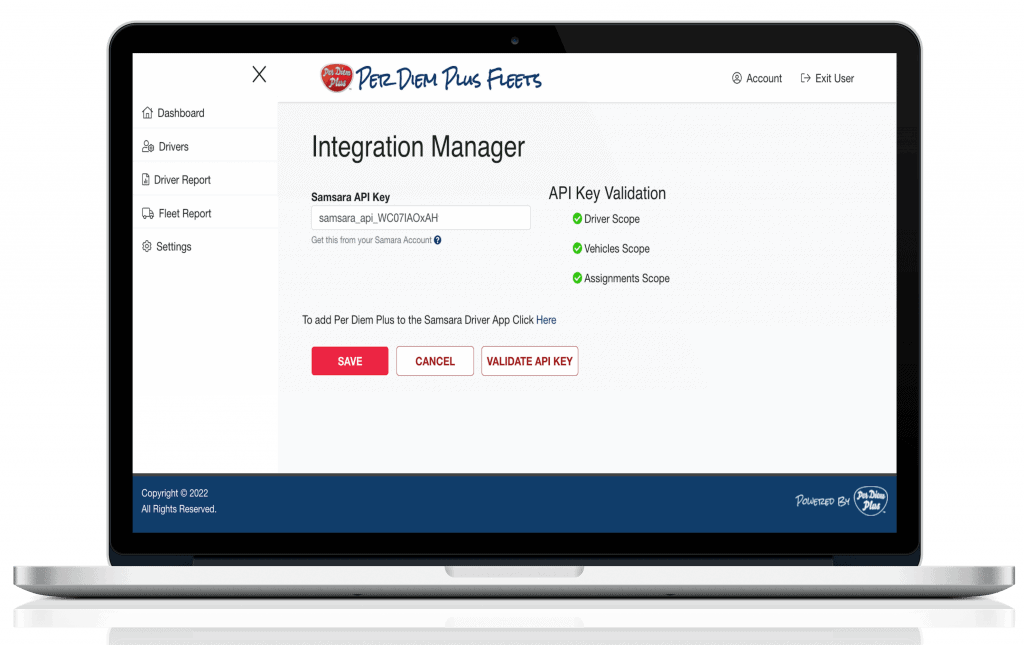 Per Diem Plus integration manager in API web services dashboard 