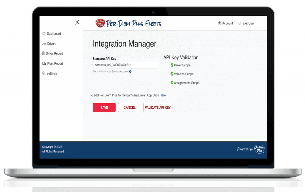 Per Diem Plus integration manager in API web services dashboard